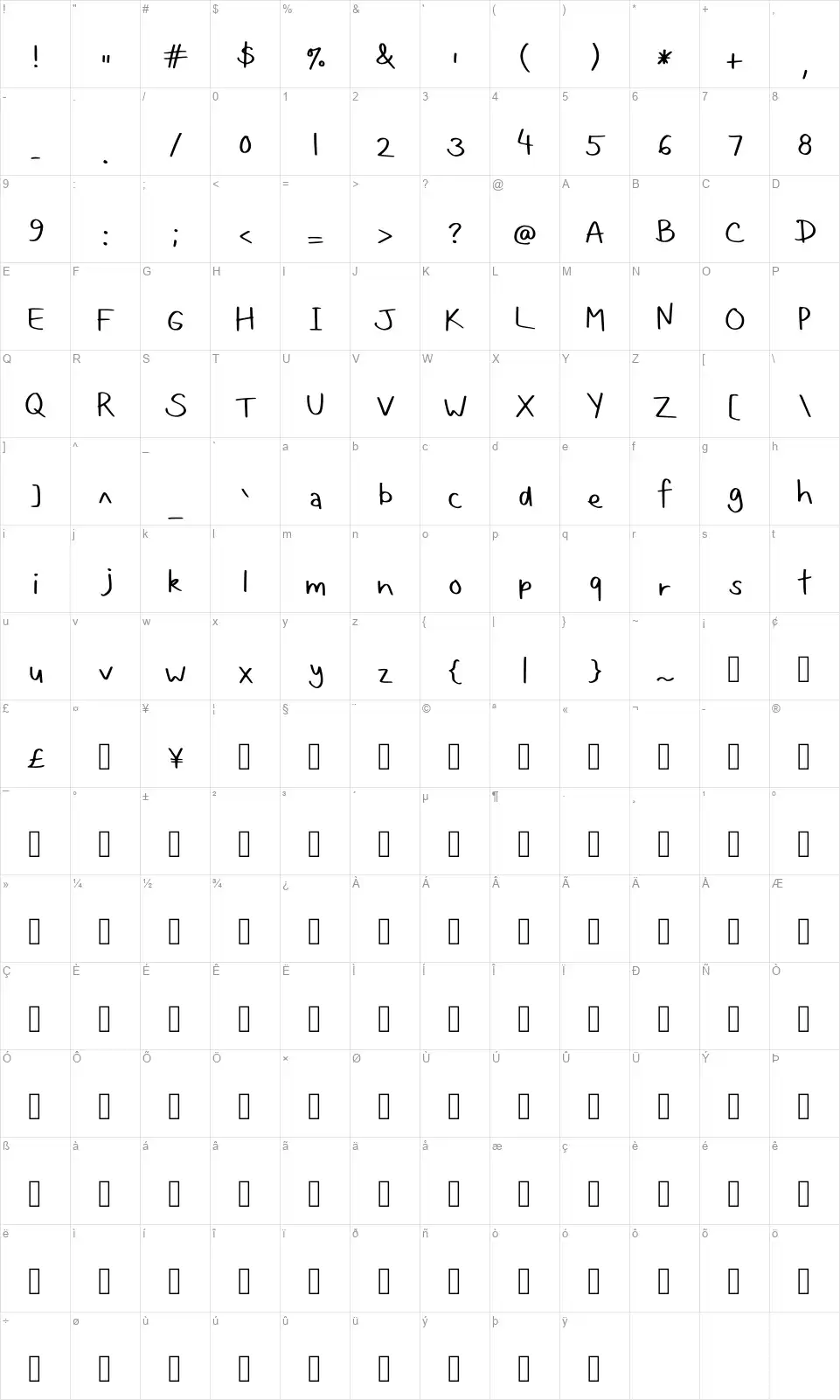 Hollies Messy Handwritingfont character map