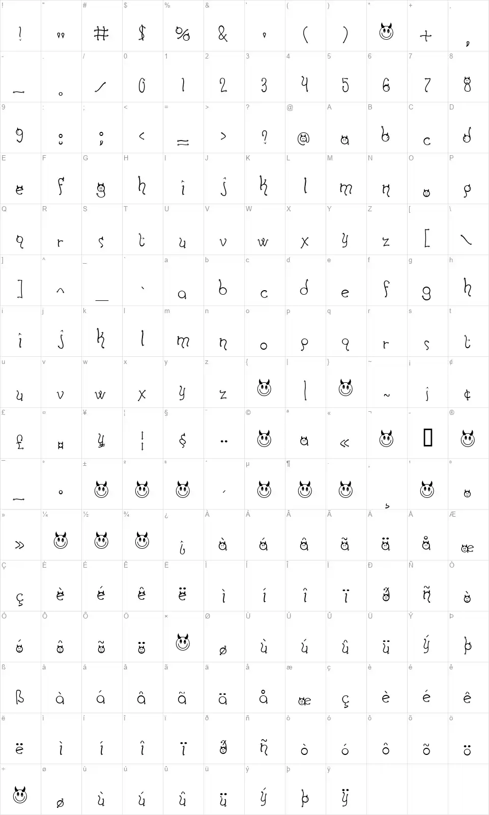 Horny Devilsfont character map