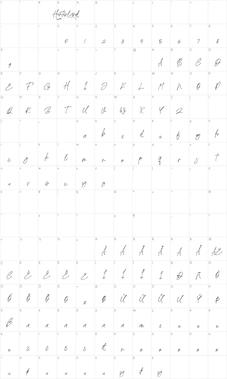 Hunterlandfont character map