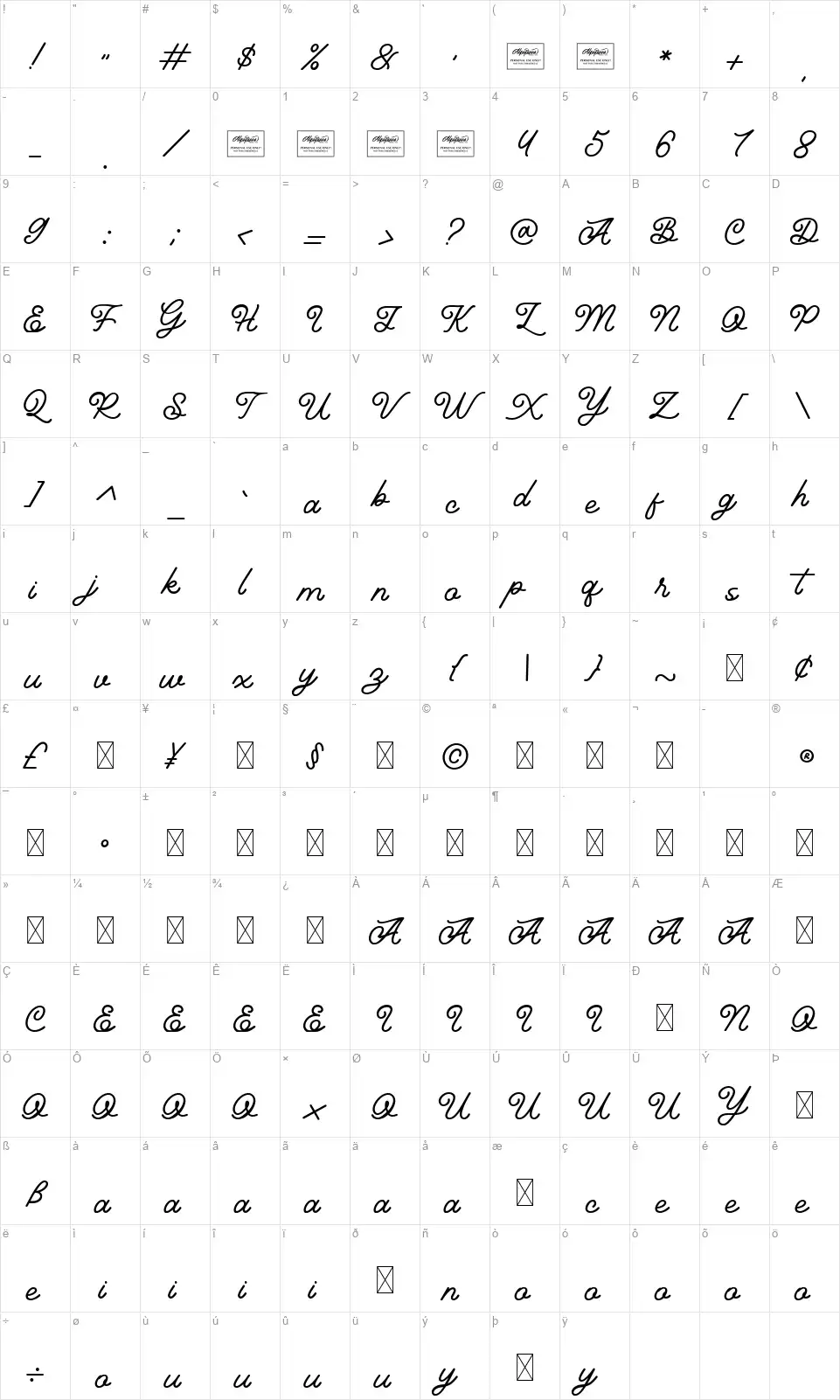 Hunting Scriptfont character map
