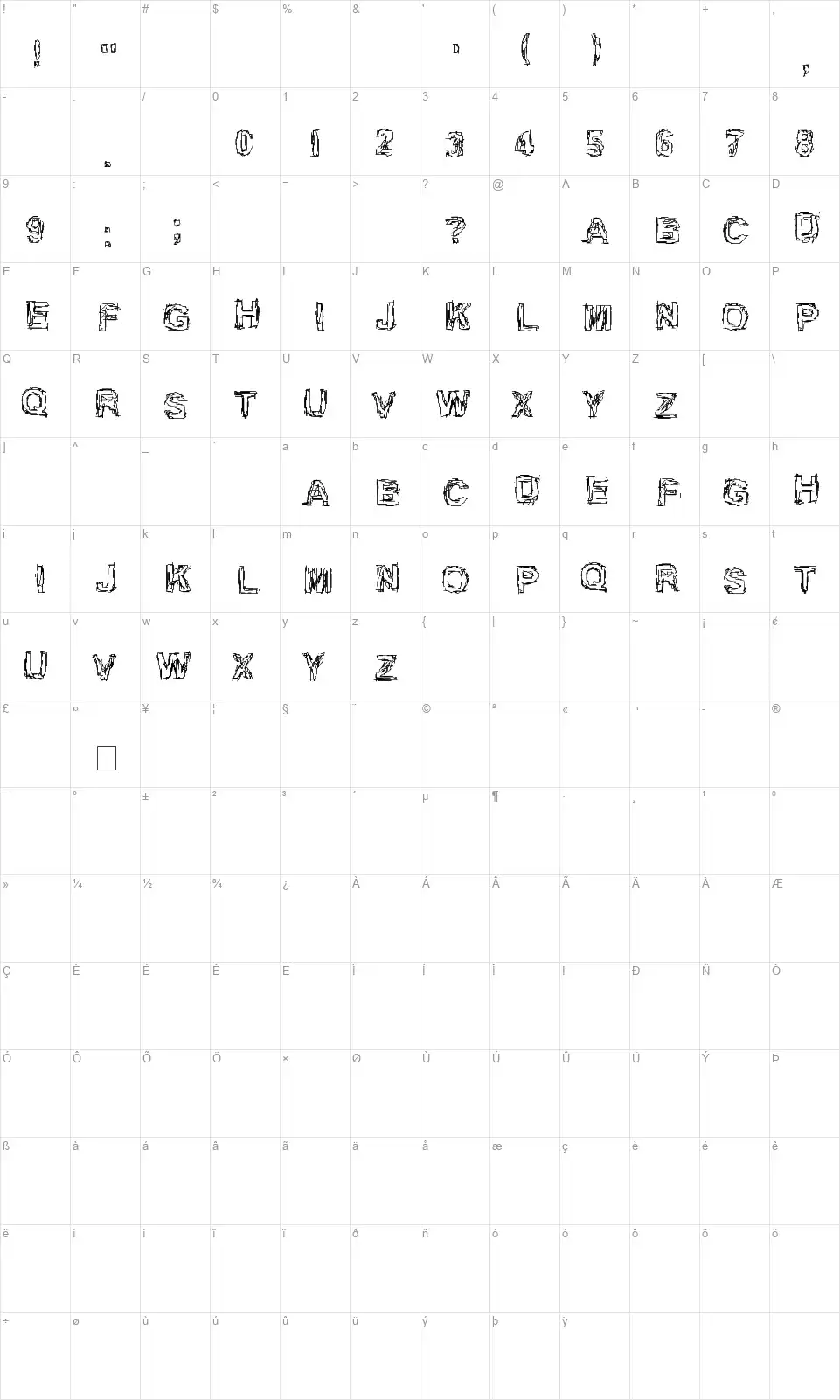 Inch 75font character map