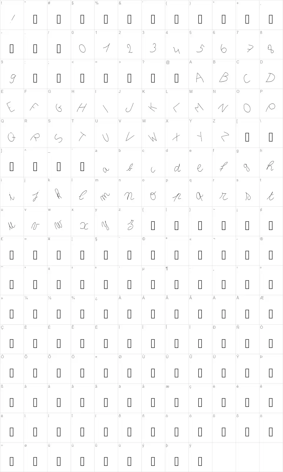 Inclined letterfont character map