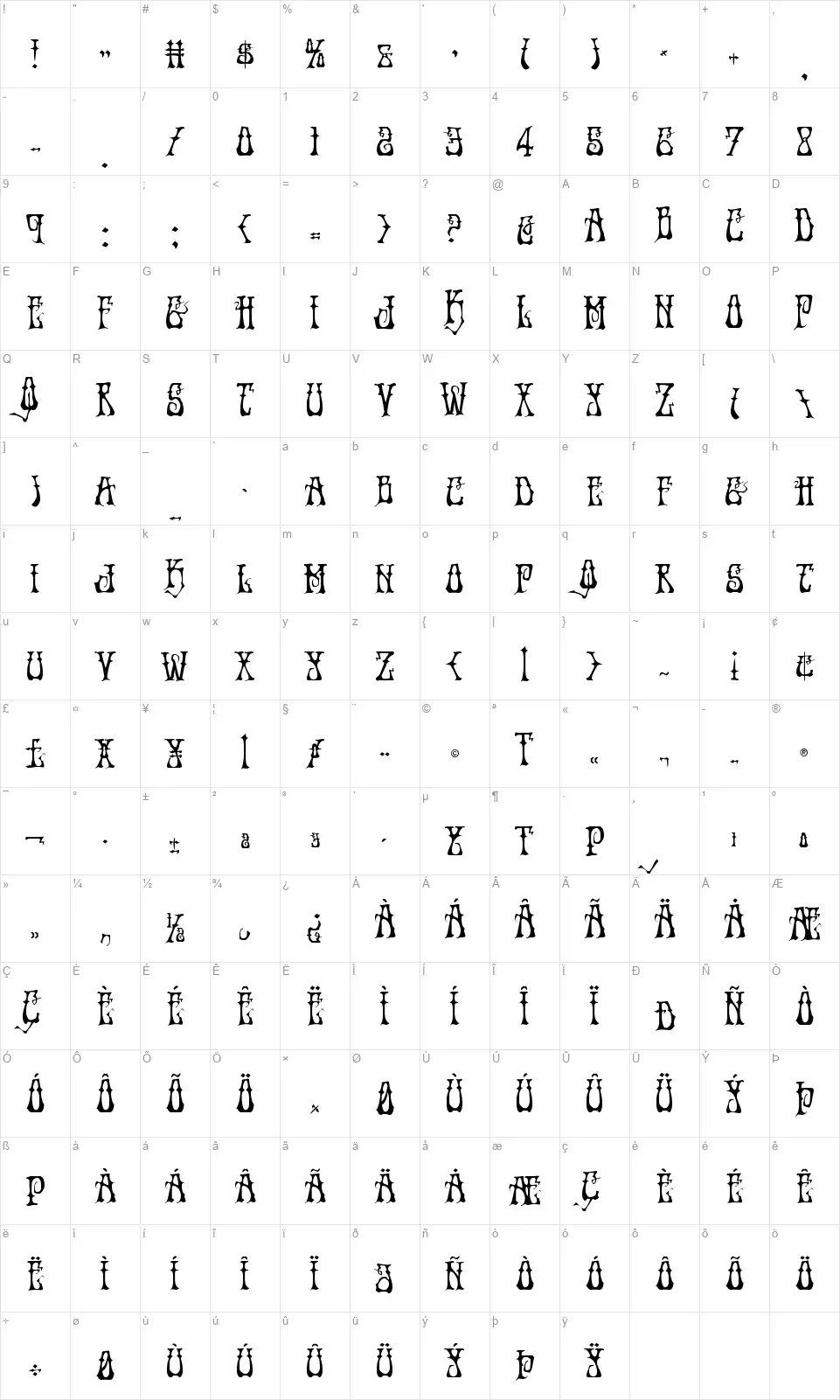 Instand Zenfont character map