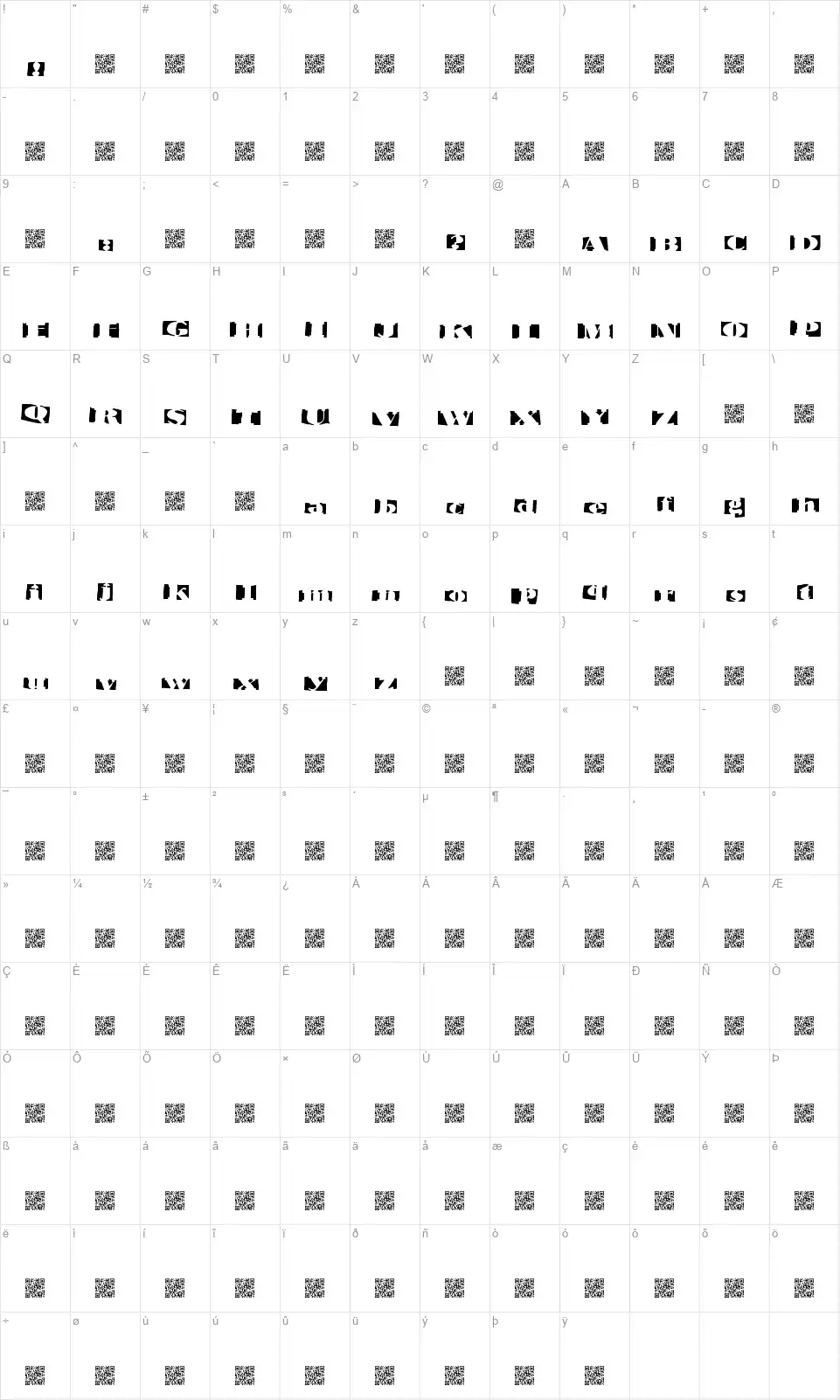 Invertagefont character map