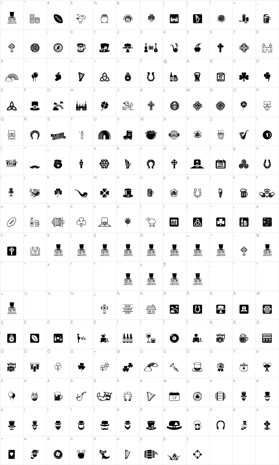 Irishfont character map