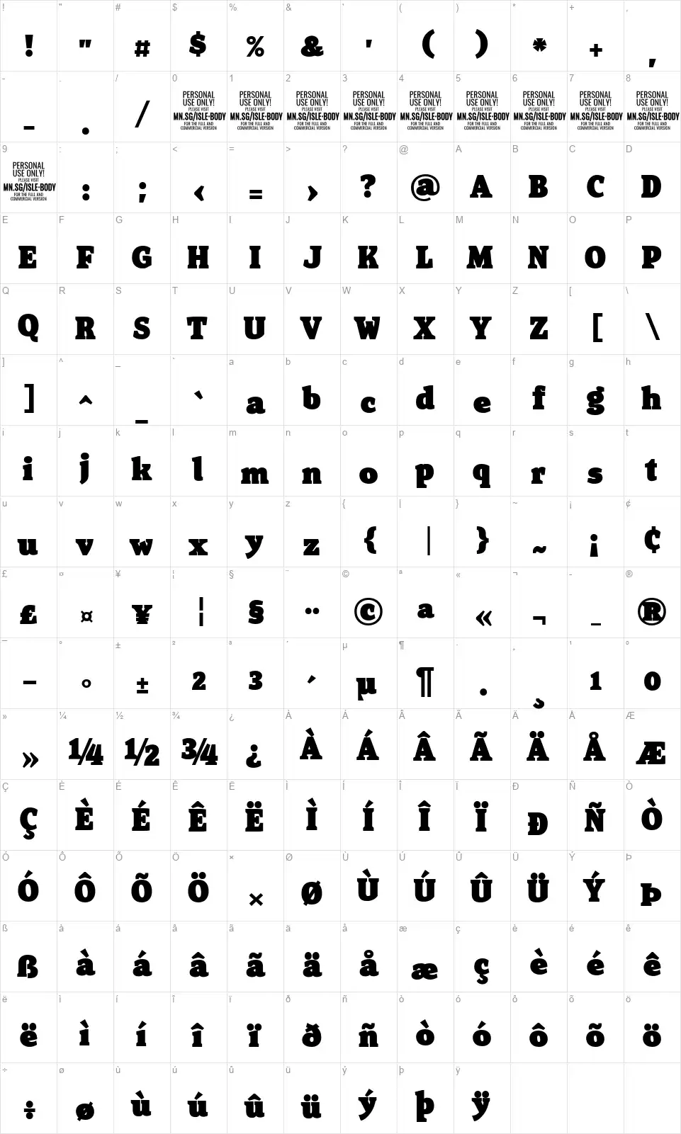 Isle Bodyfont character map