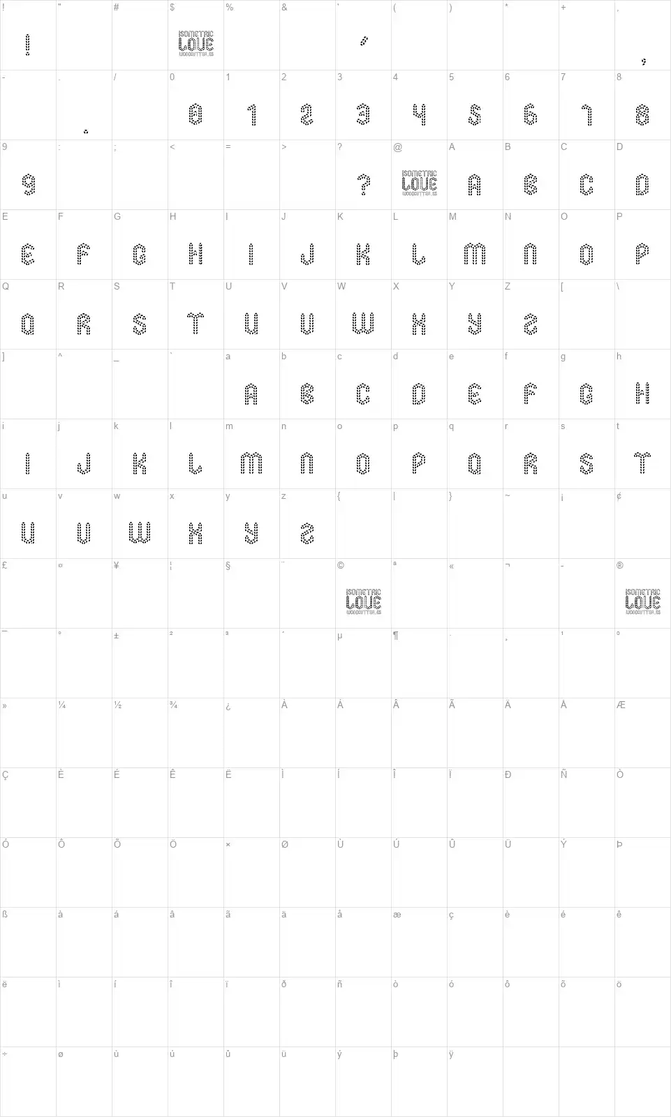 Isometric Lovefont character map