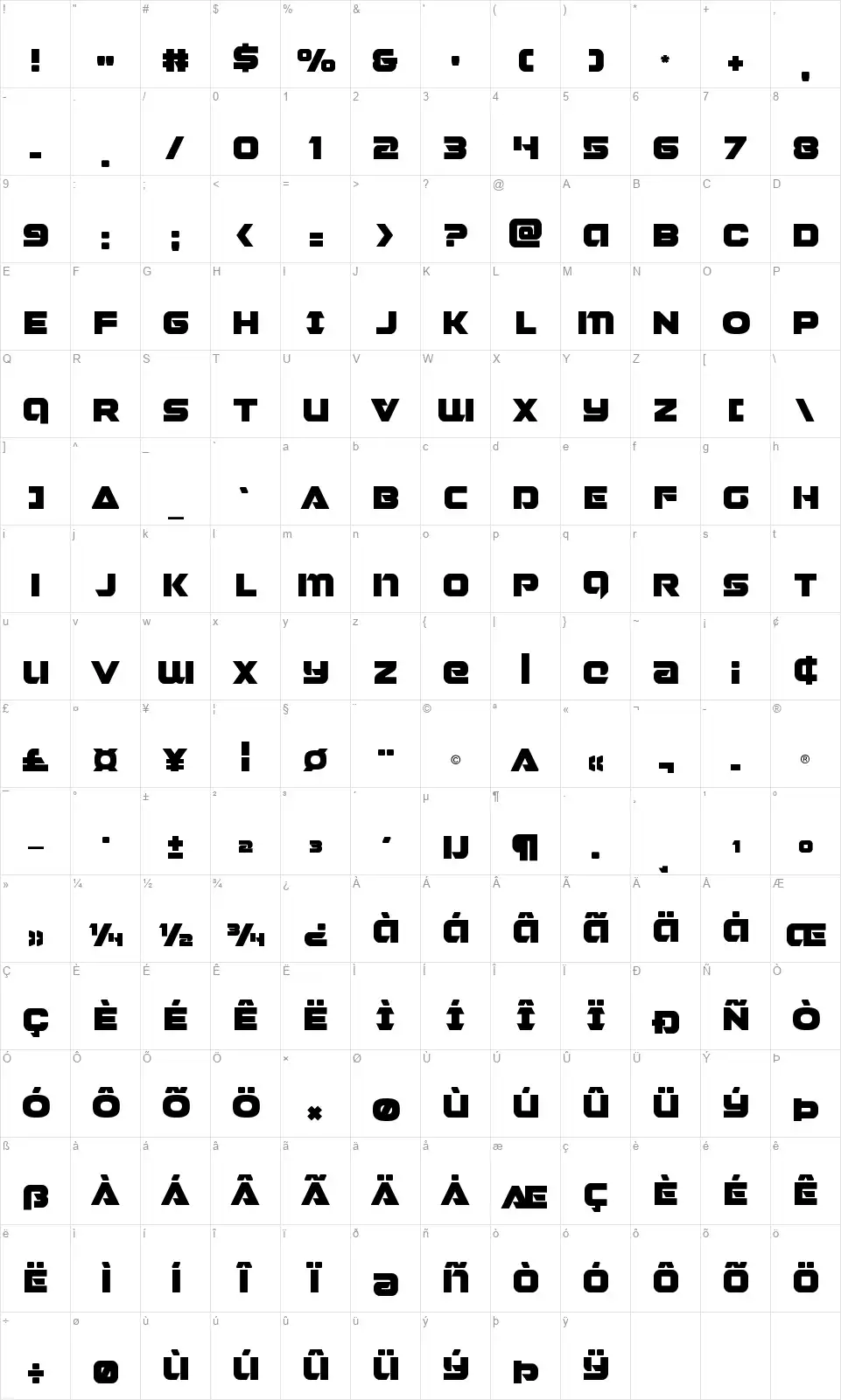 Jeebrafont character map