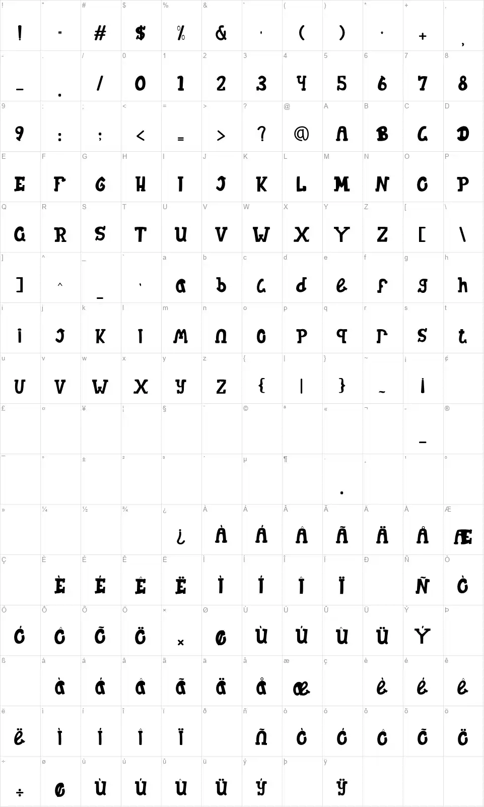 Jelly Squerfont character map