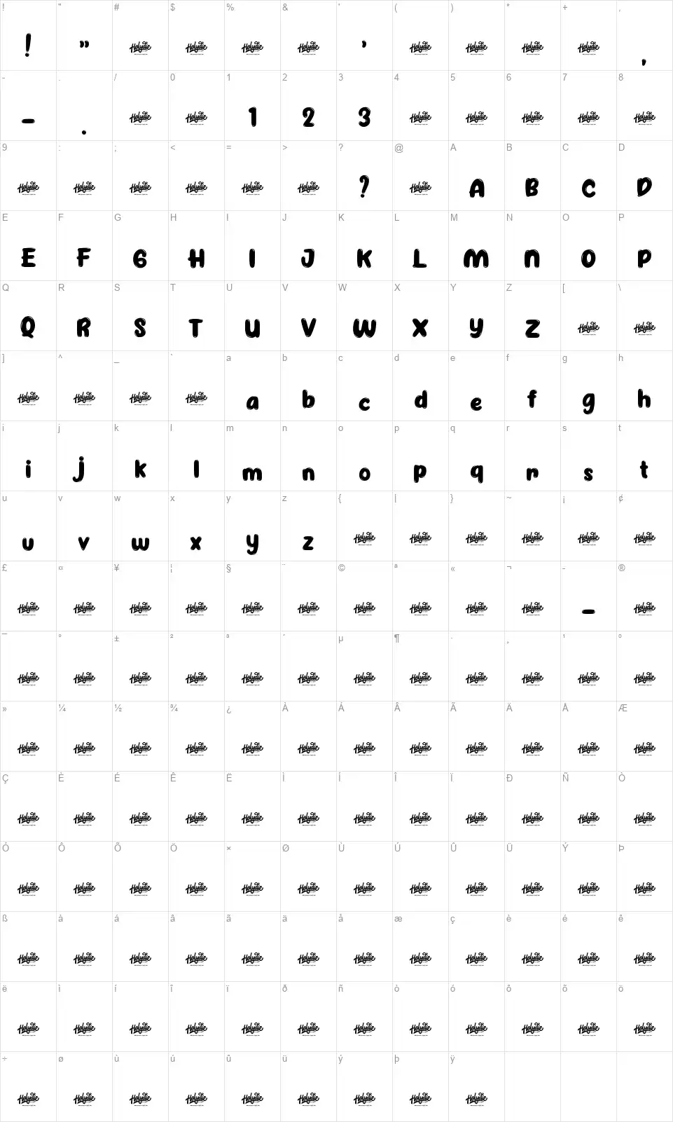 Jellybostfont character map