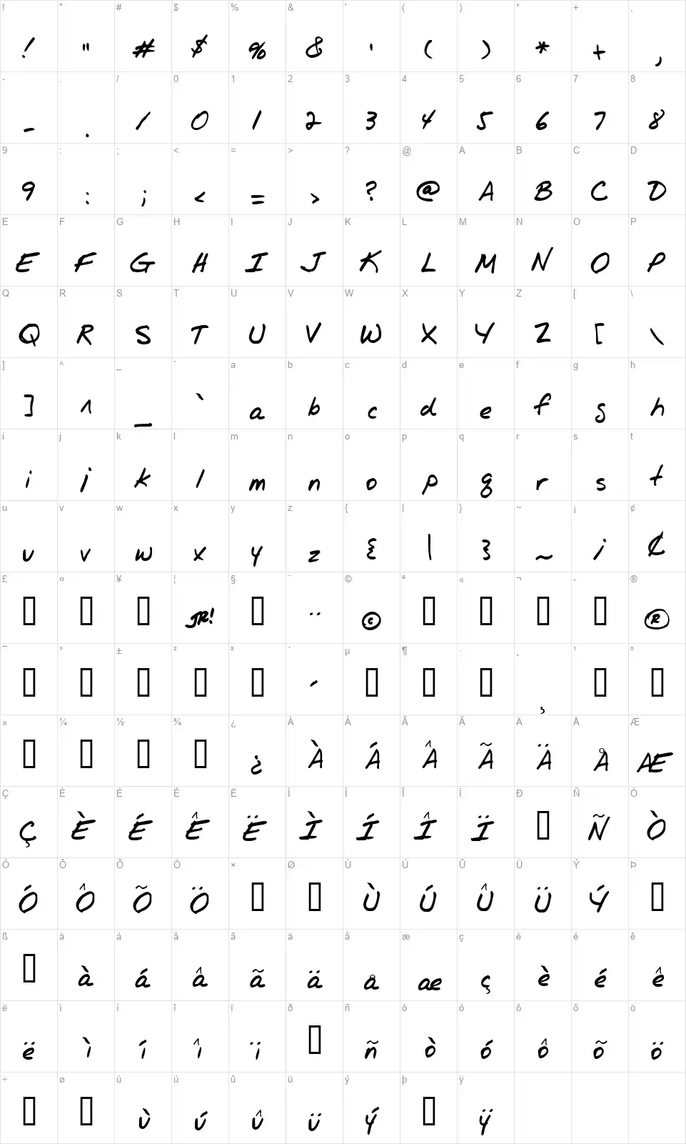 JR! Handfont character map