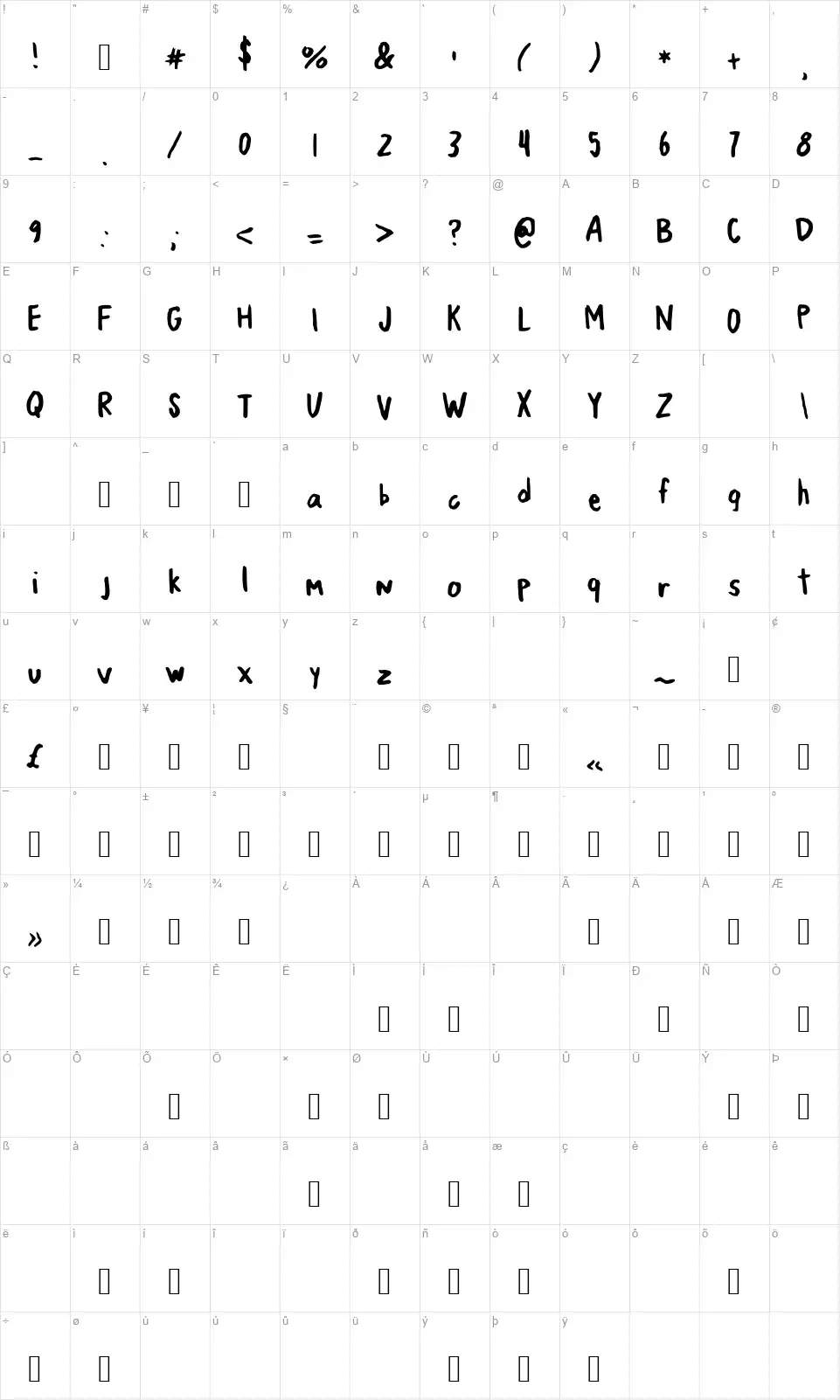 Jumping Jacksfont character map