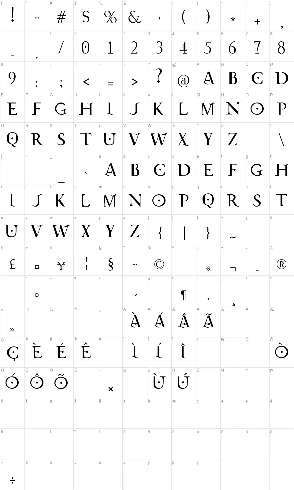 Jupiter Ascendingfont character map