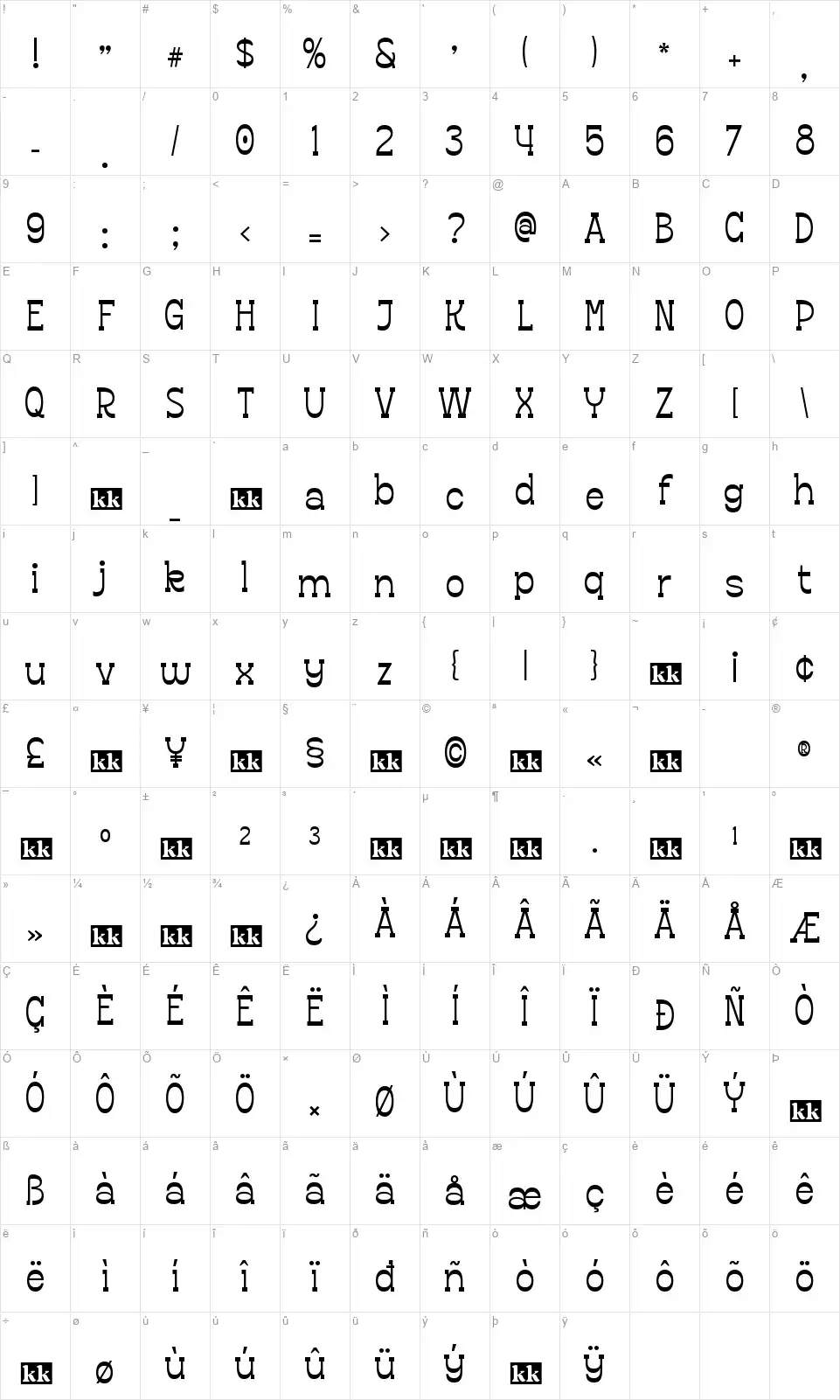 Kafkeyfont character map