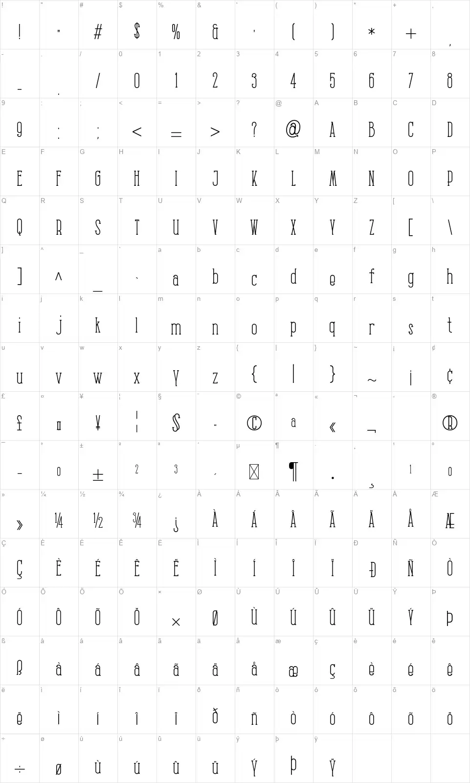 Kalela Slabfont character map