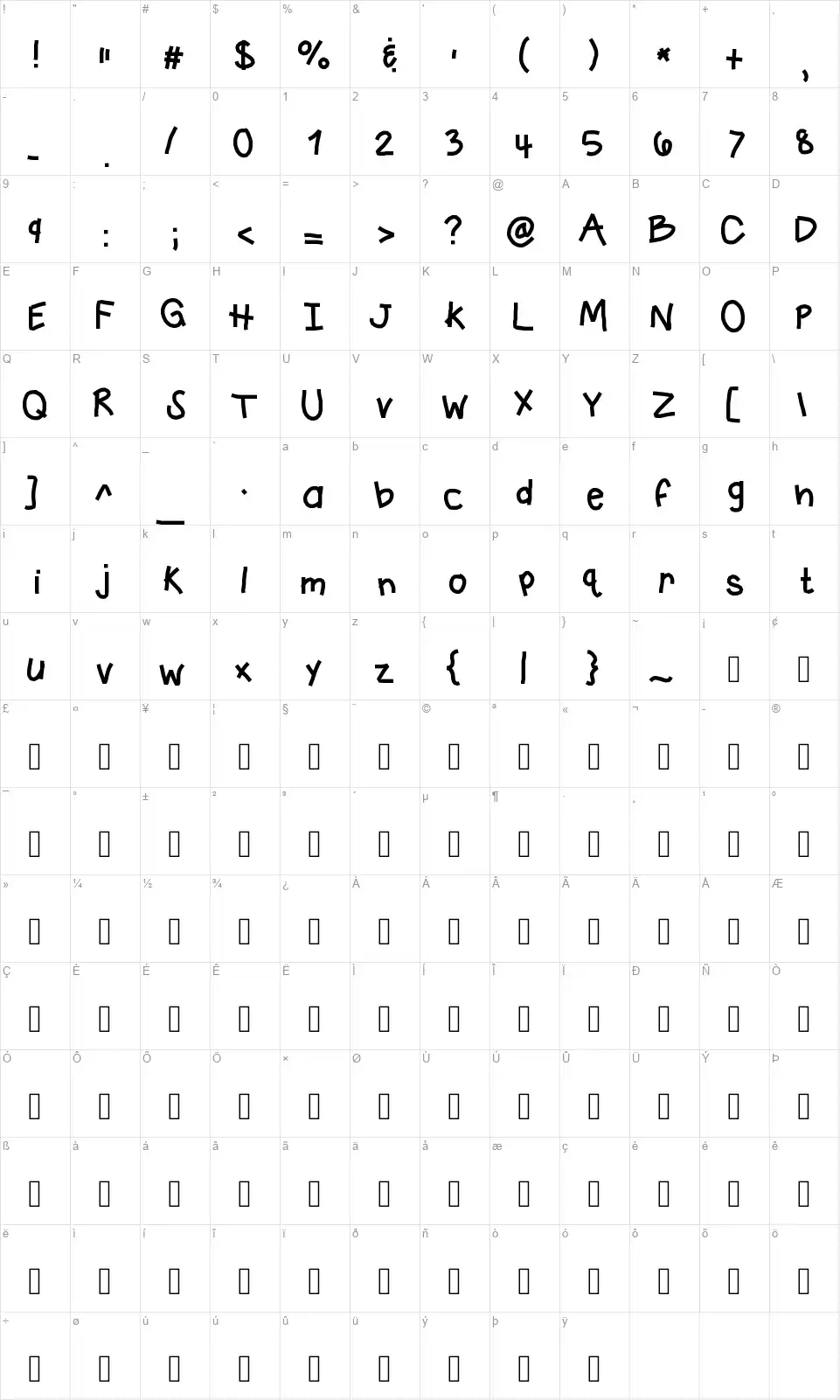 KB Crazy Townfont character map