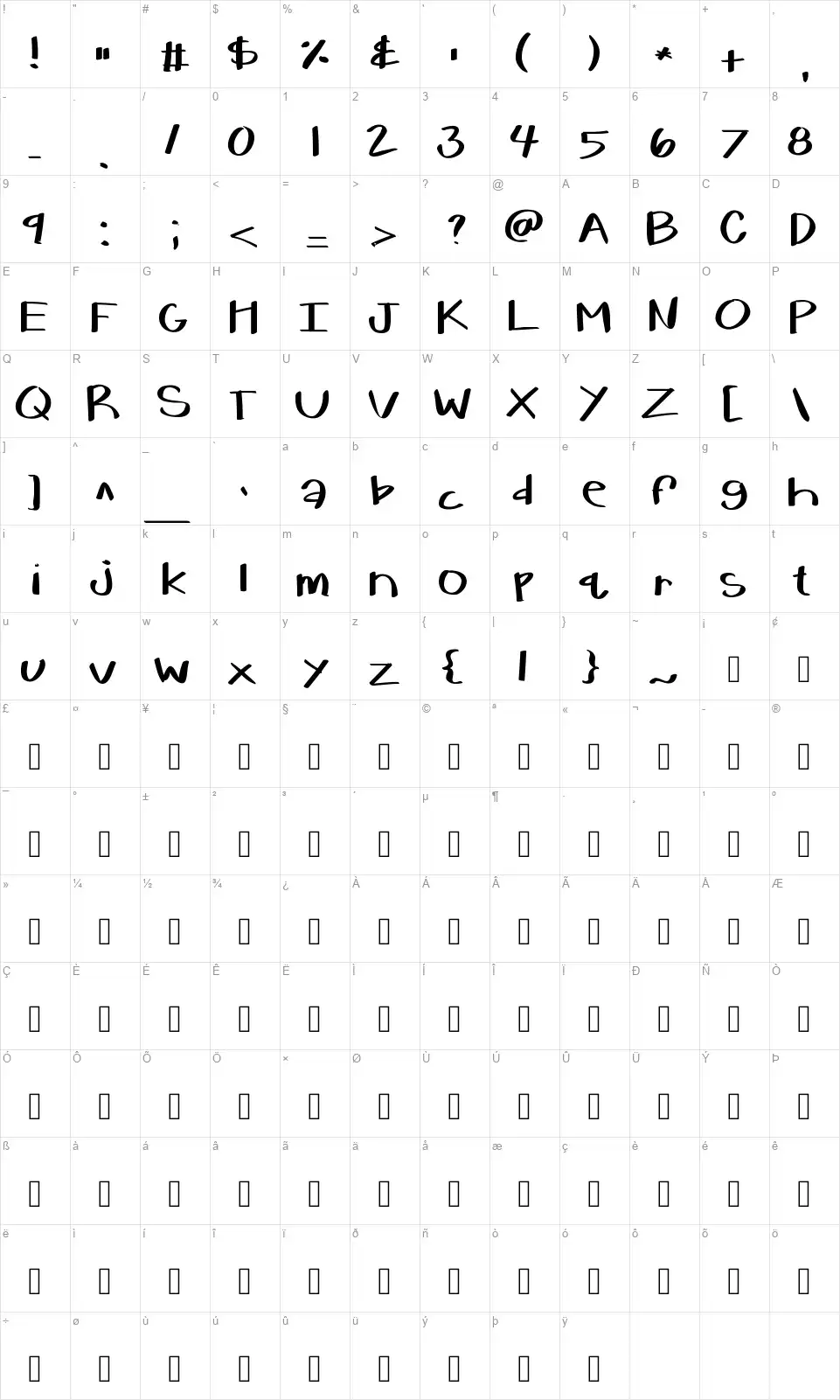 KB Warm Her Upfont character map