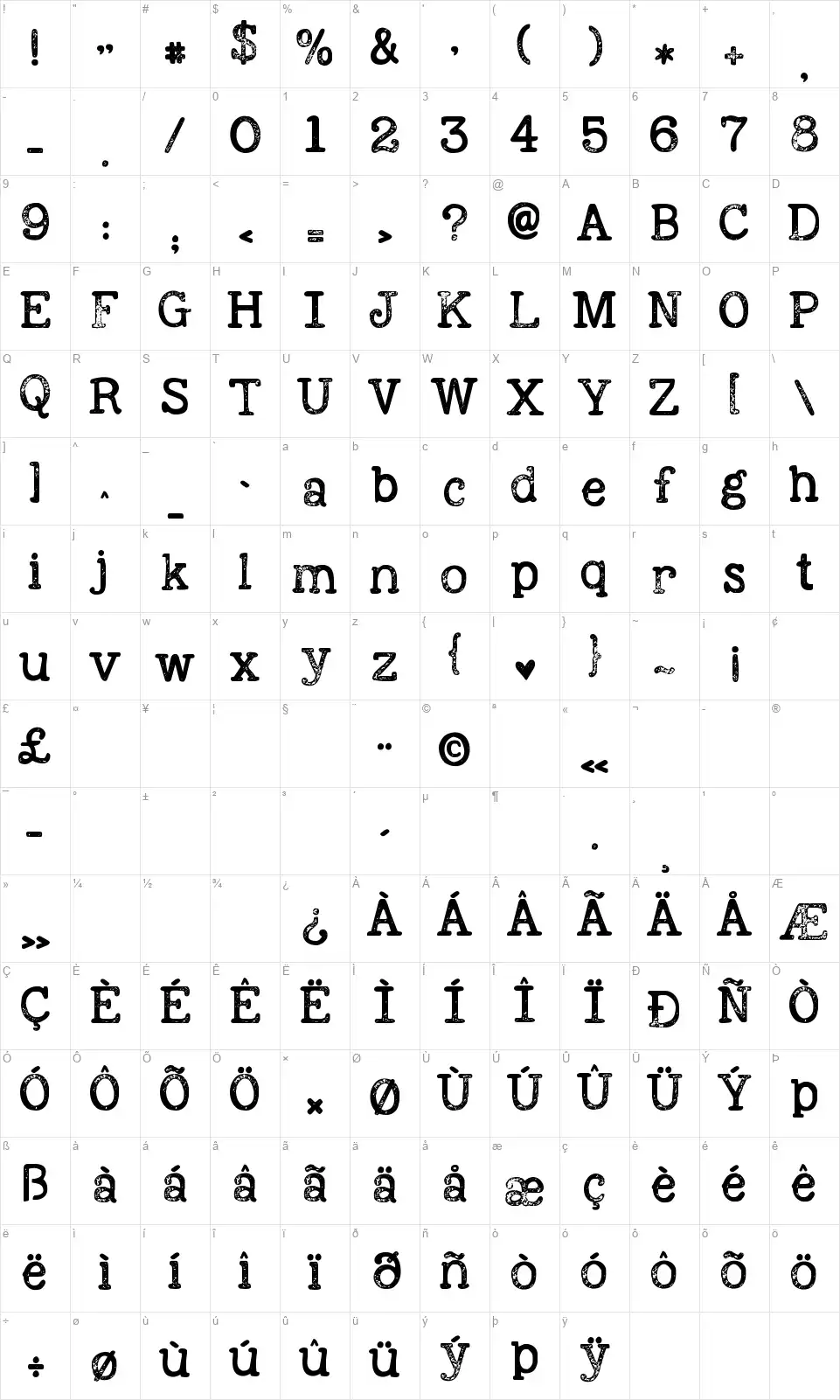 KG Holocenefont character map
