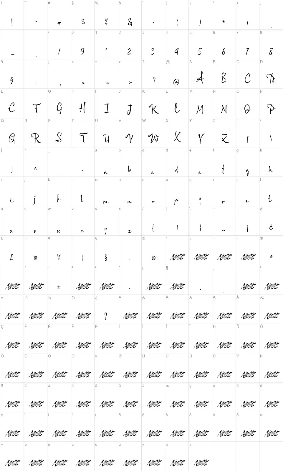 Khiara Scriptfont character map