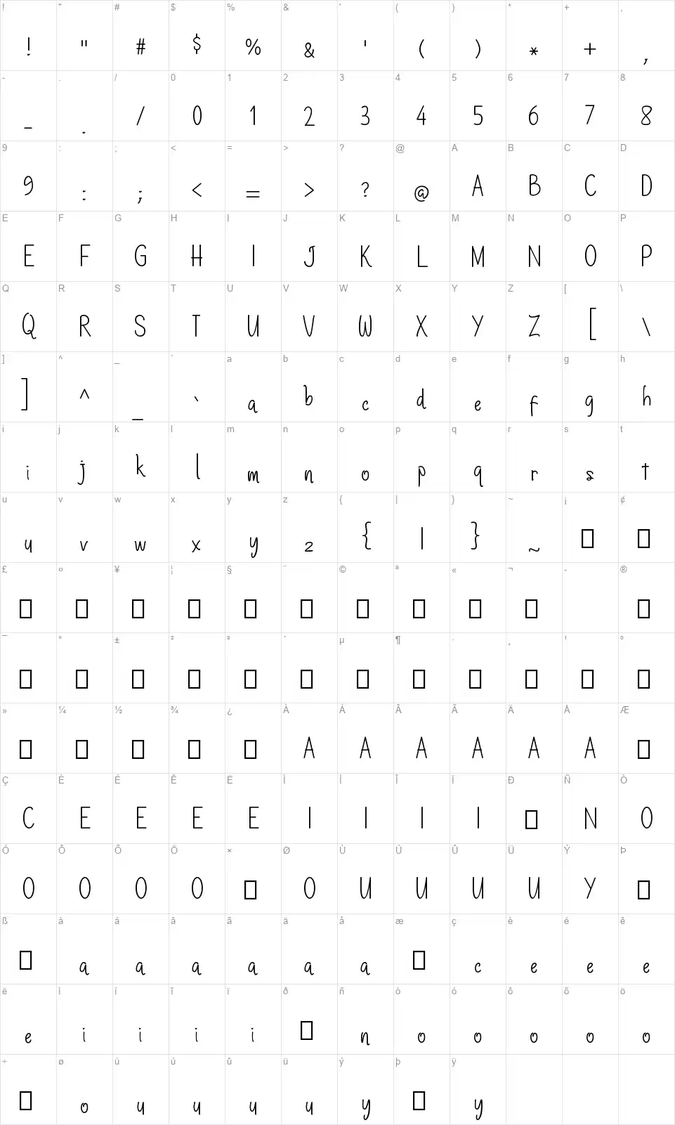 Kick Questionsfont character map