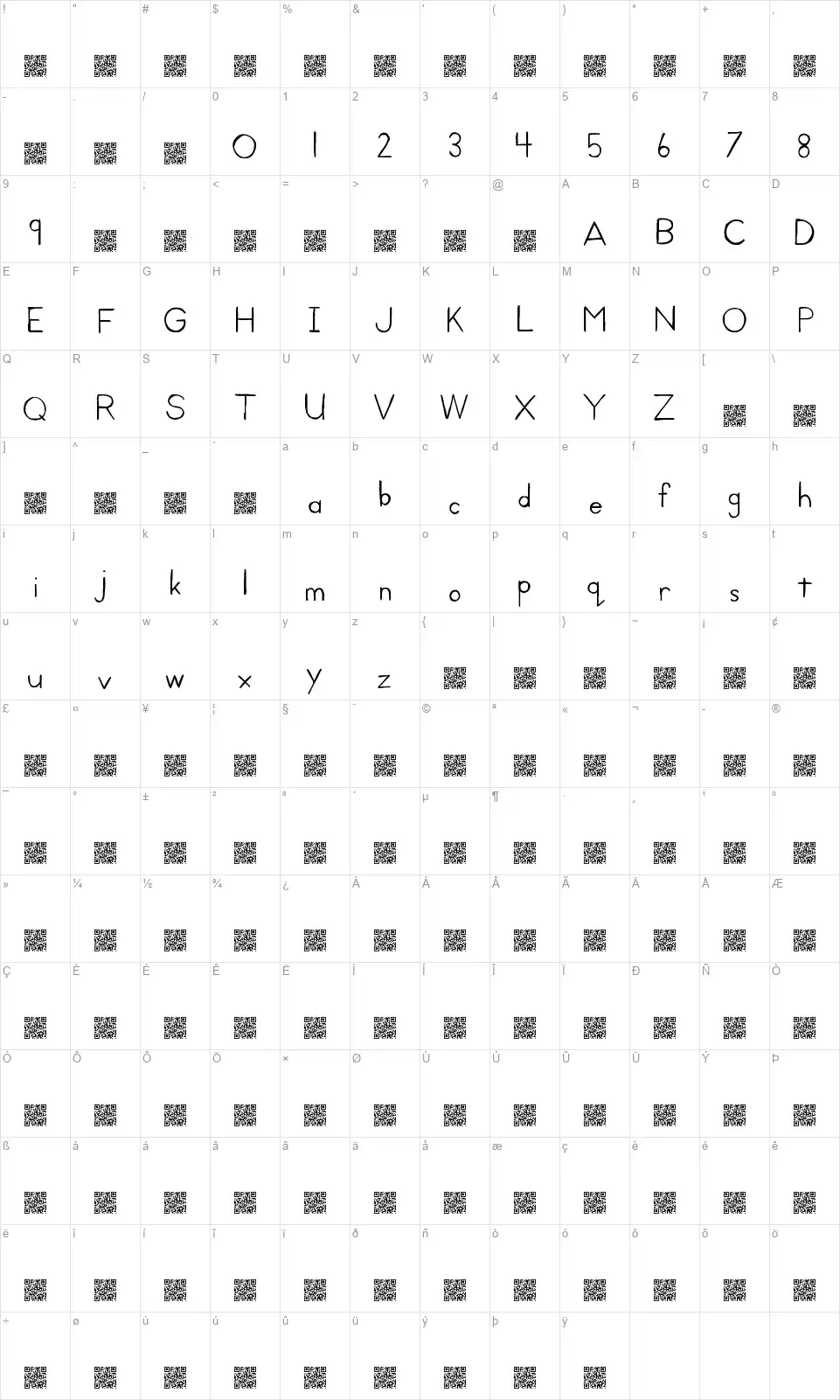 Kid Printfont character map