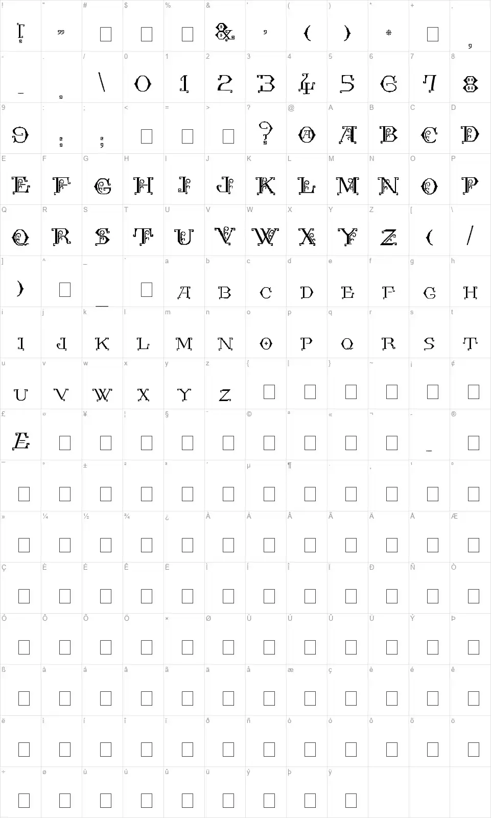 Kingthings Embroideryfont character map