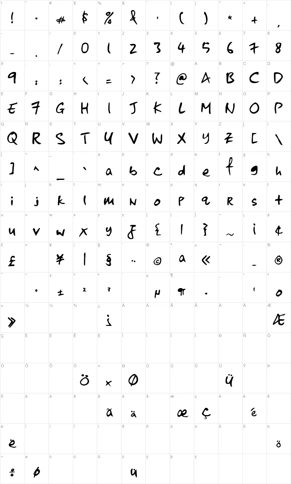 Kkontagion Printfont character map