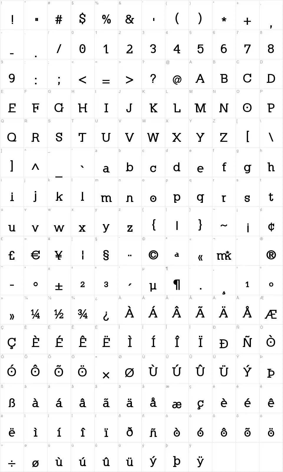 Klein Slabseriffont character map