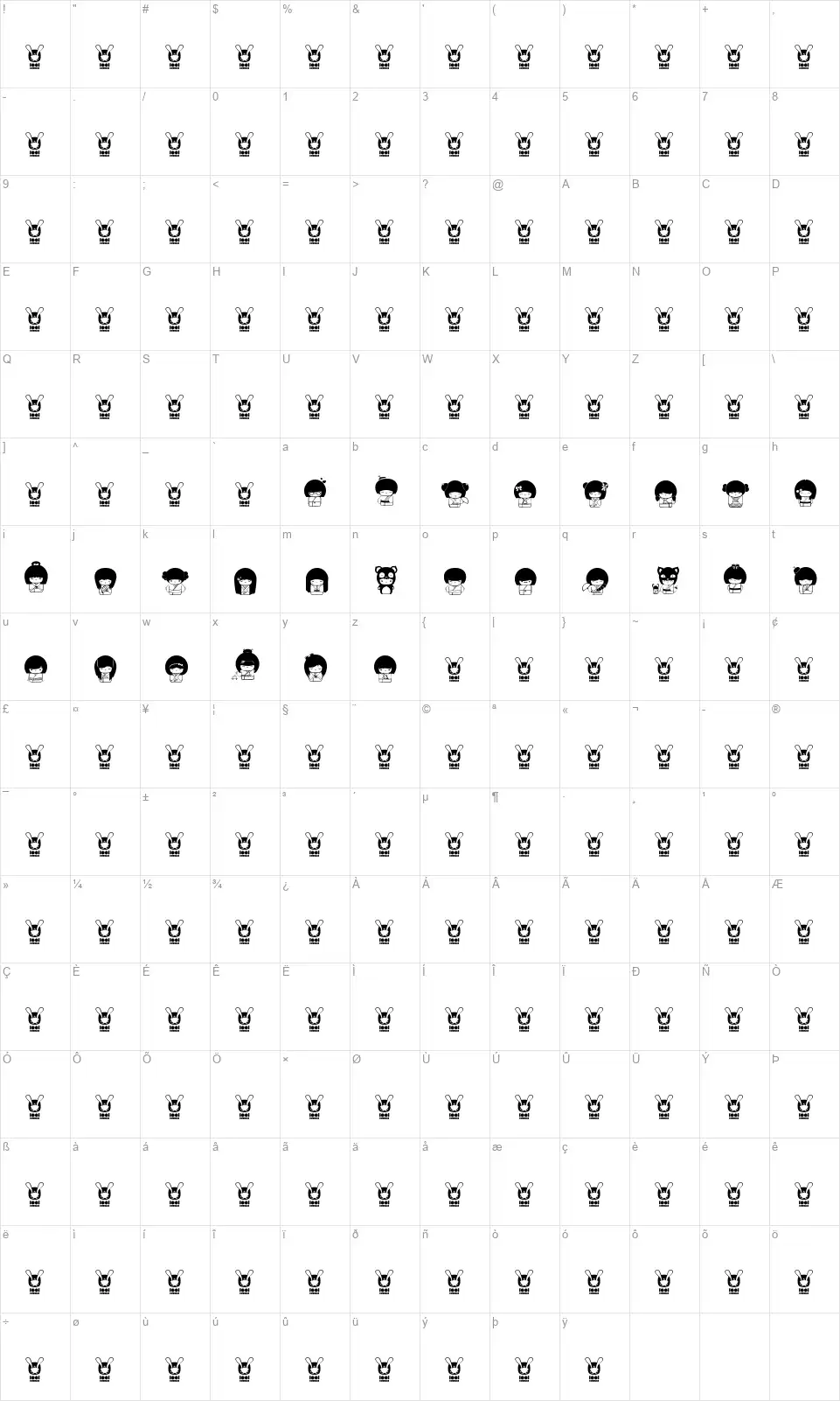 Kokeshi Kawaiifont character map