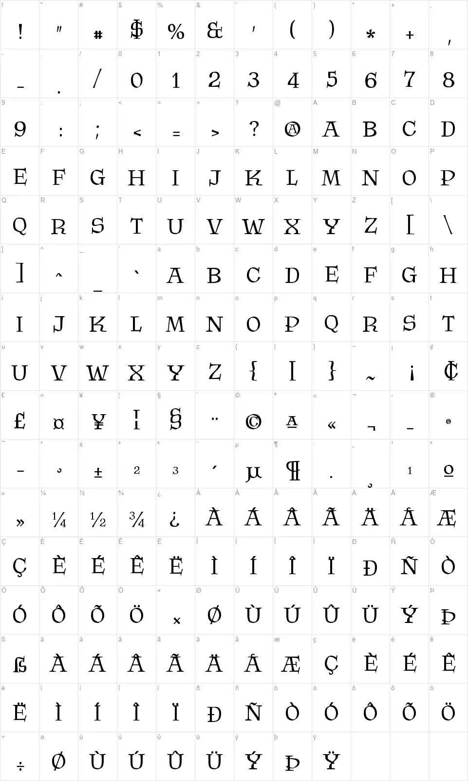 Krasomilafont character map