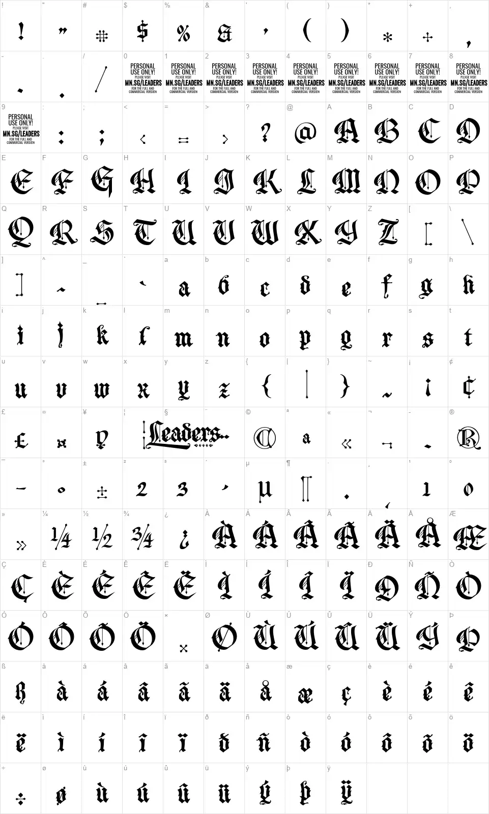 Leadersfont character map