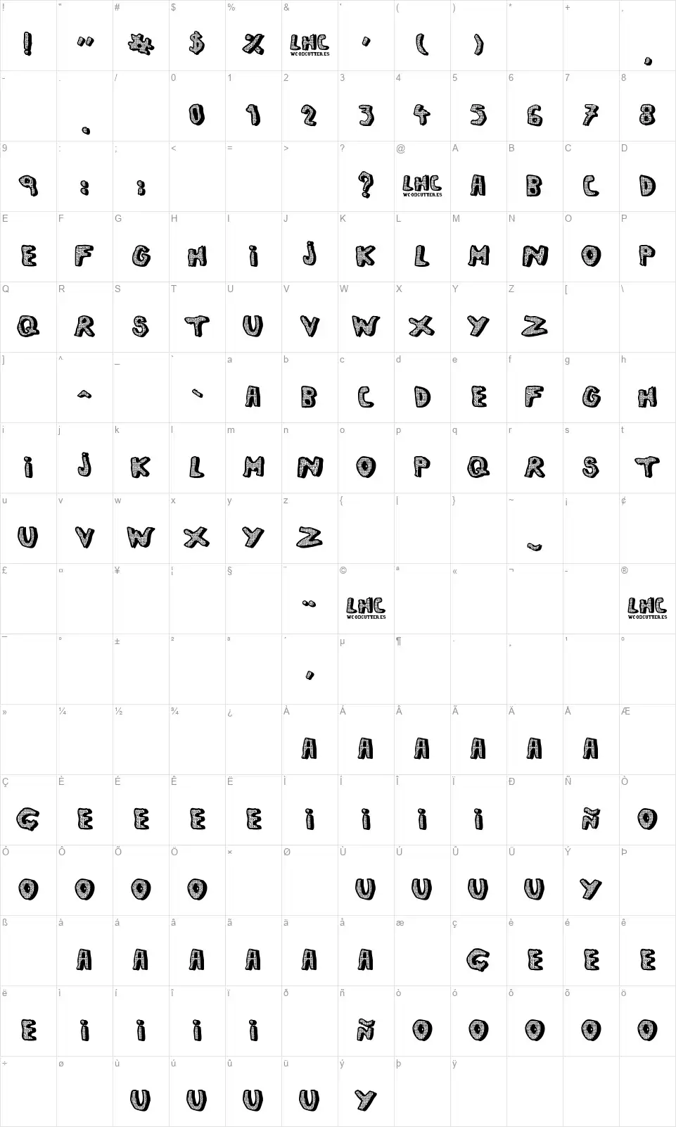 Left Hand Comicfont character map