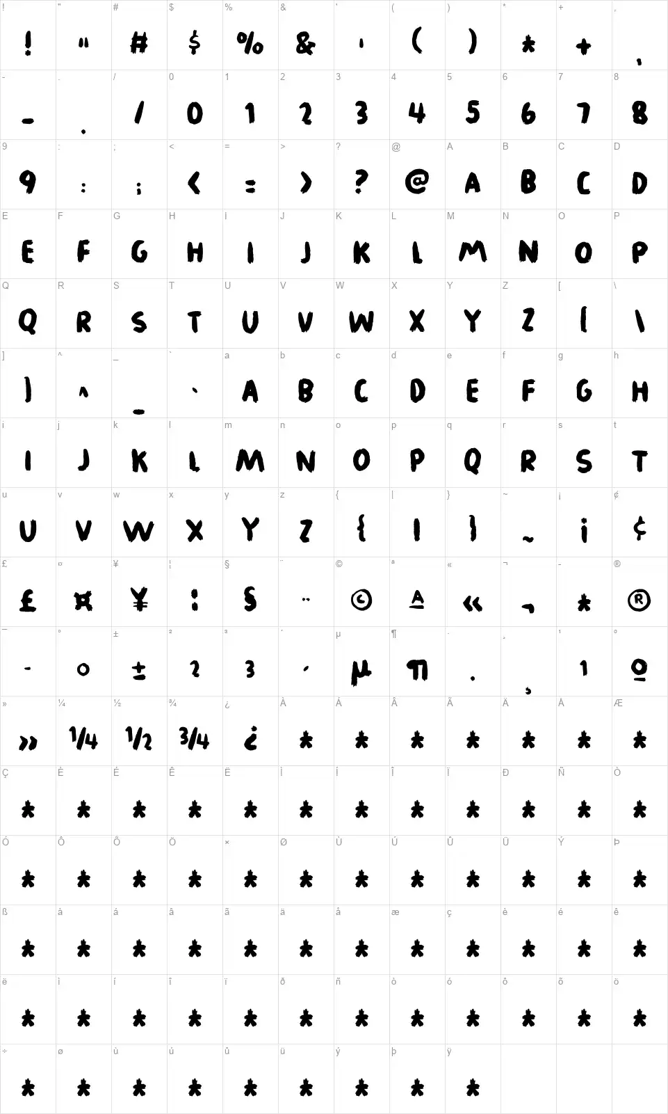Legworkfont character map