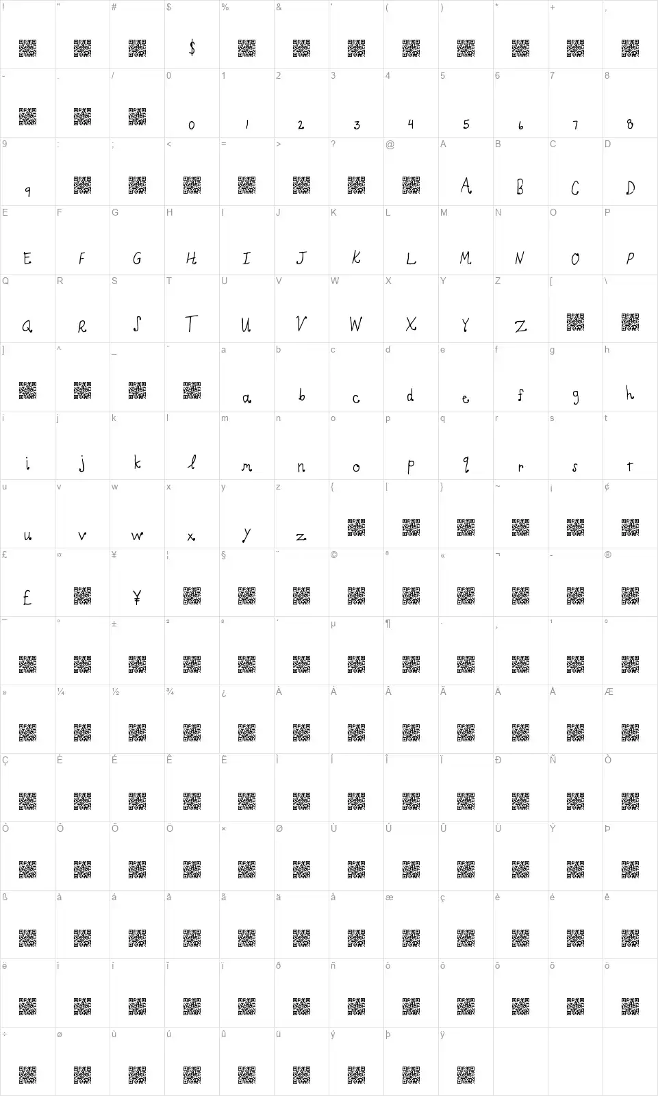 Light Curlsfont character map
