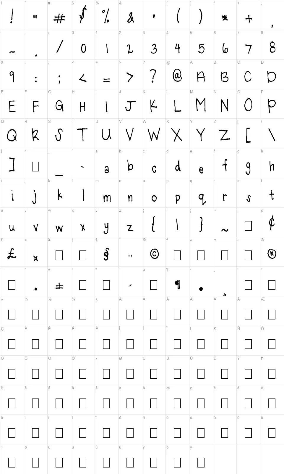 Light of the Worldfont character map