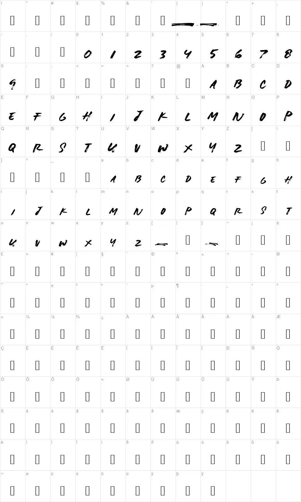 Lightbrushfont character map
