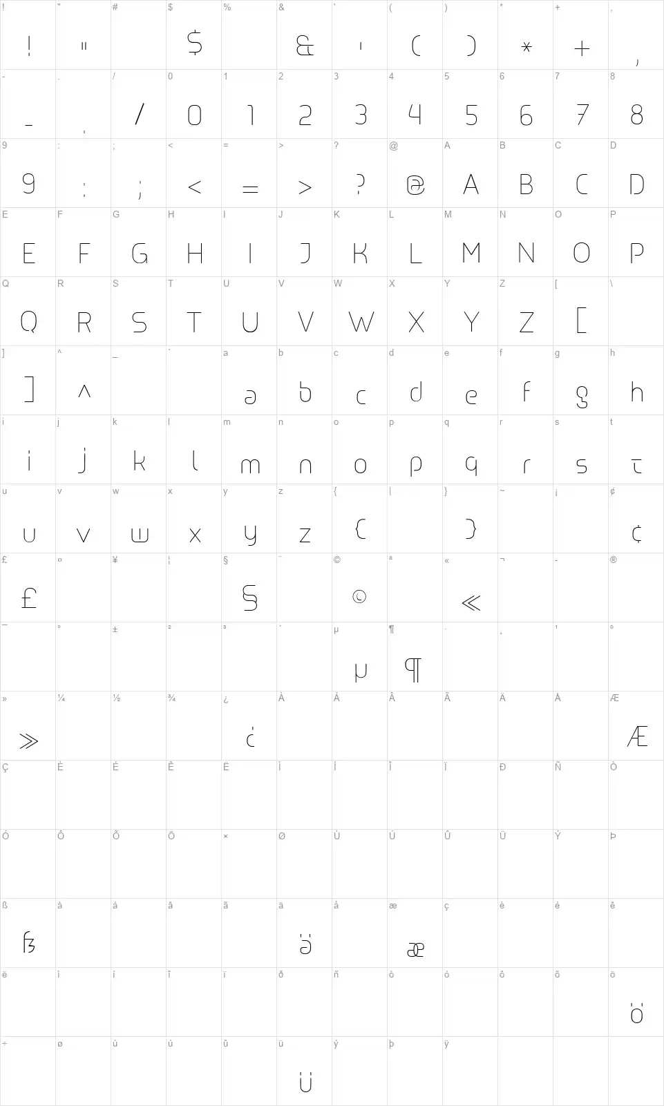 Line UltraLightfont character map