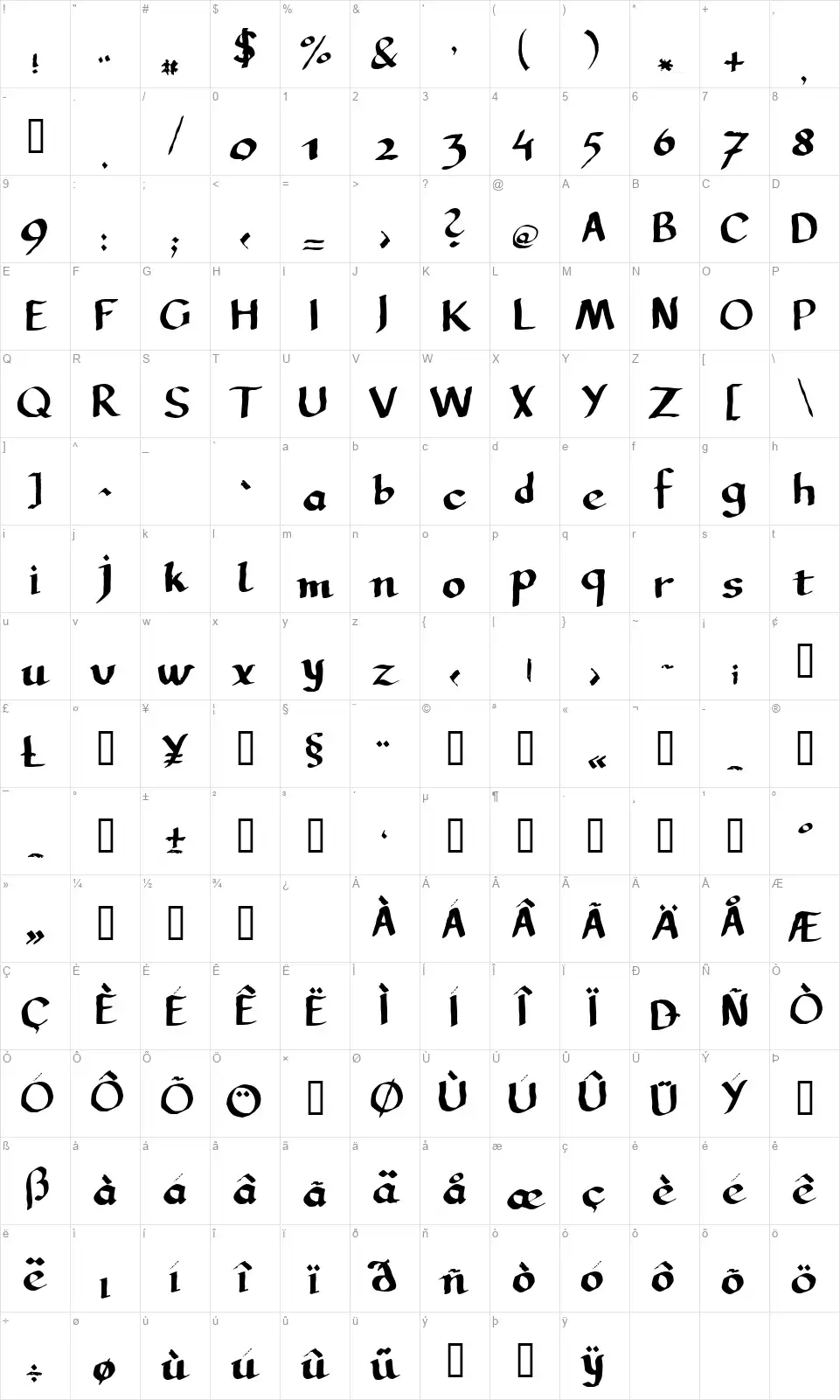 LL Calligraphyfont character map