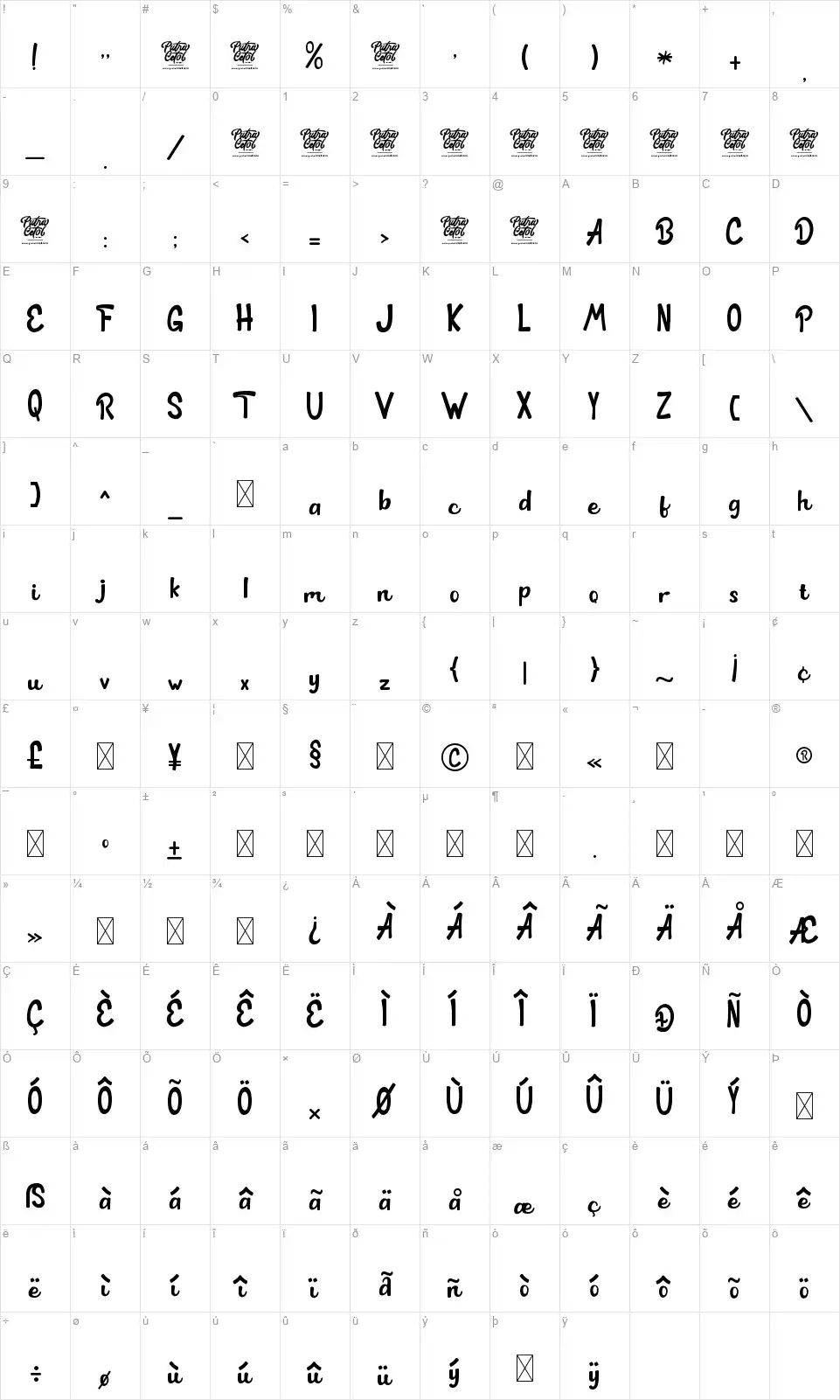 Lucky Shirtfont character map