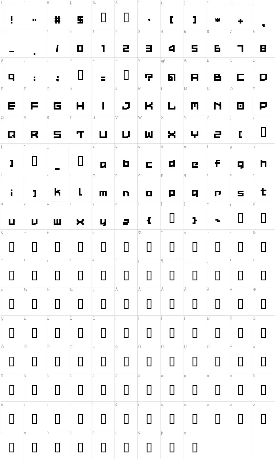 LVDC Common2font character map