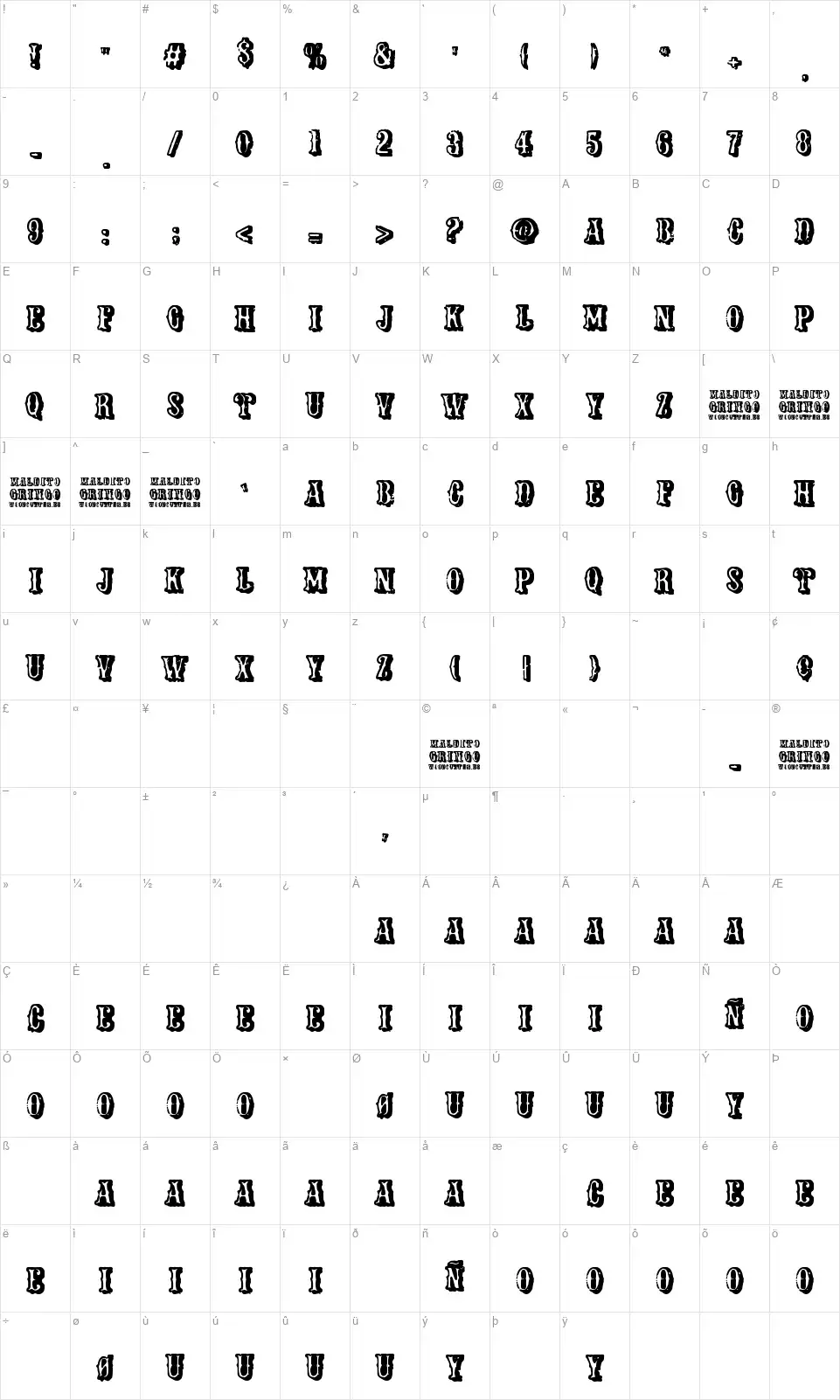 Maldito Gringofont character map