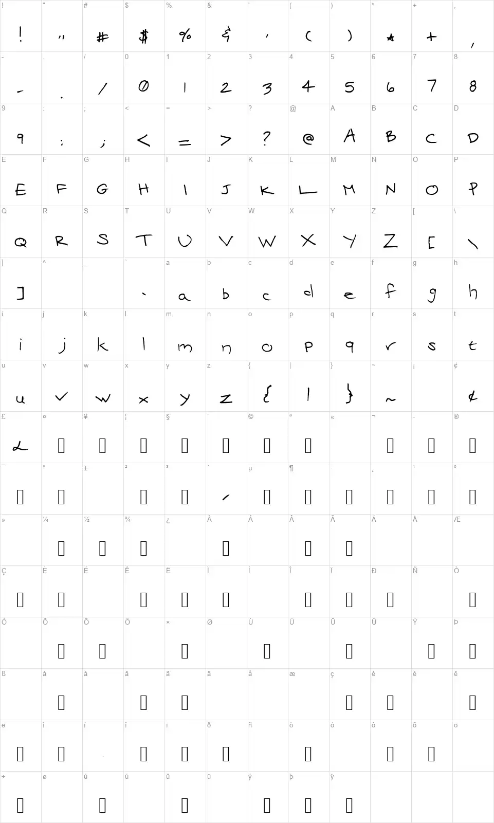Mari's Handwritingfont character map