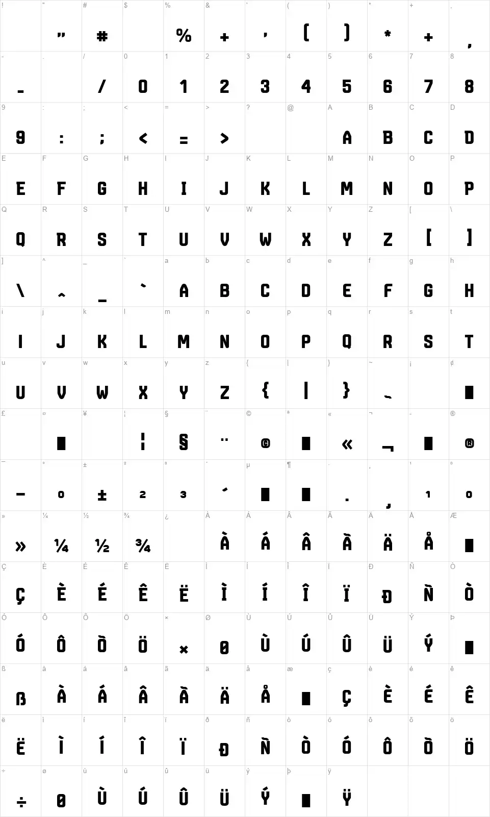 Marsmonsterfont character map