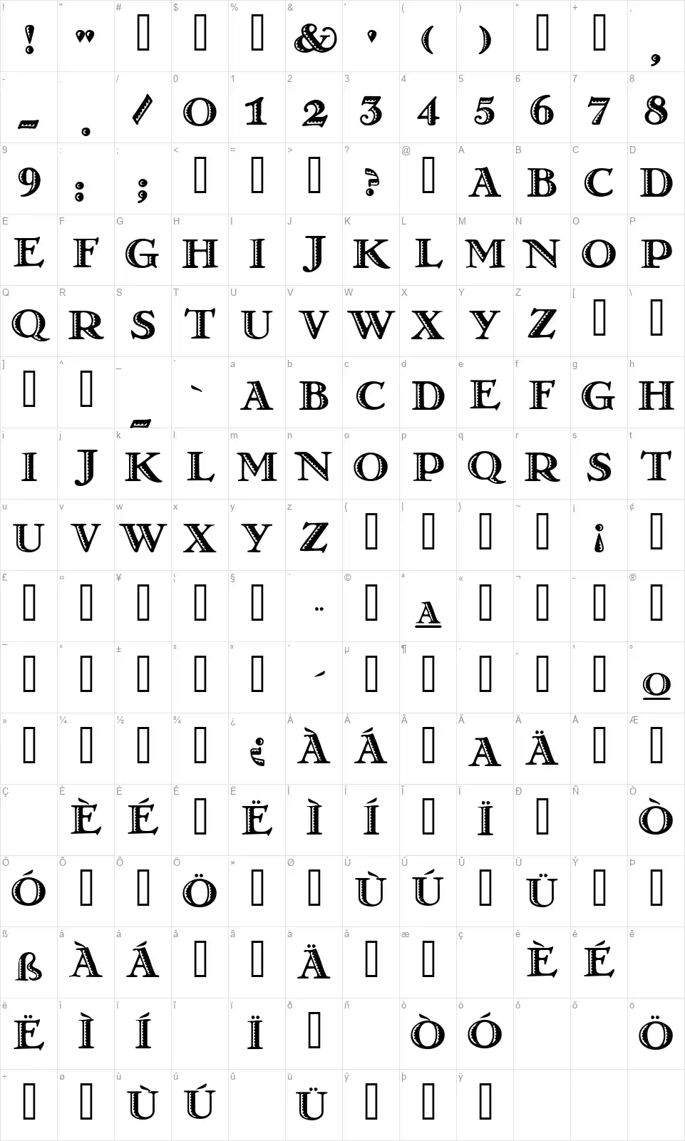 Matadorfont character map