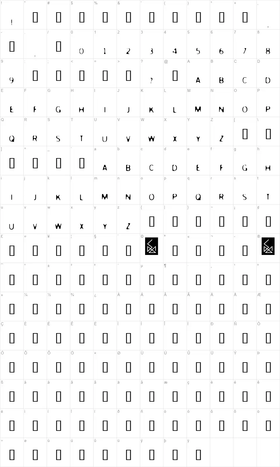 Mercuryfont character map