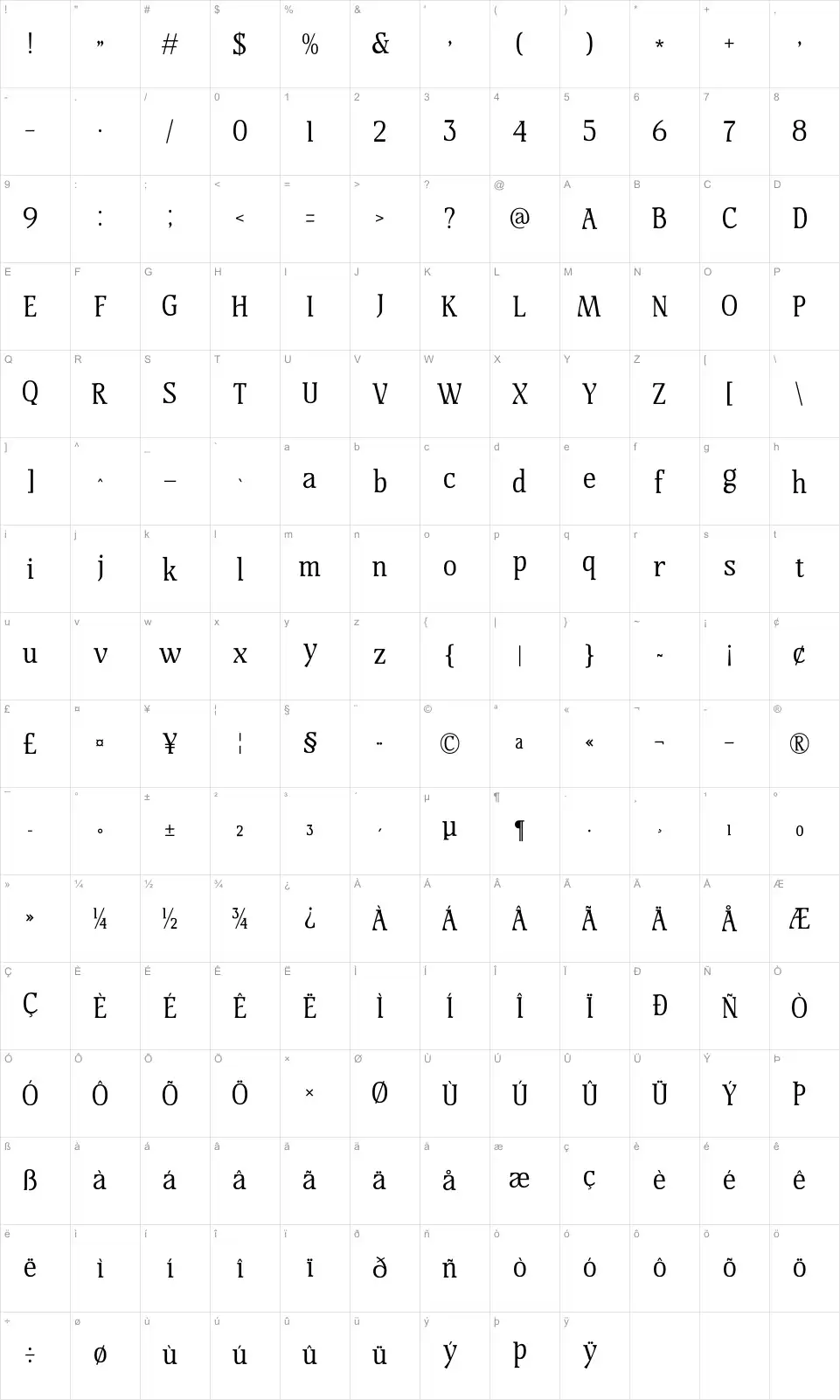 Mestalight Map Mestalightfont character map