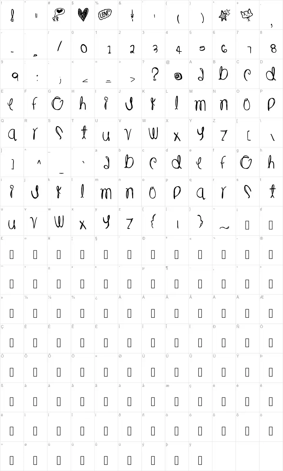 Million Dollarsfont character map