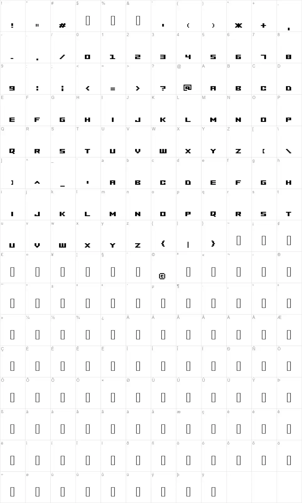 Minusiofont character map