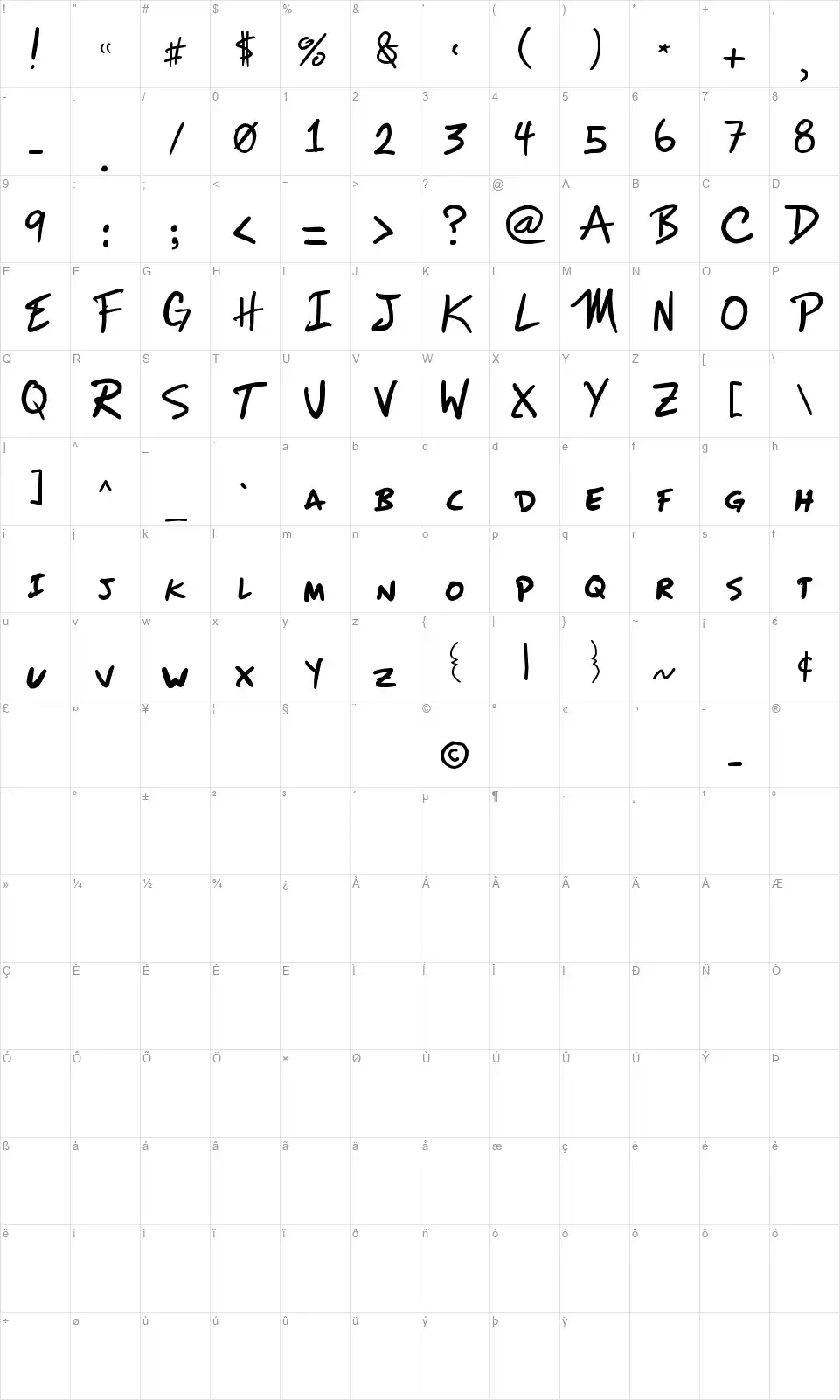 Mizikefont character map