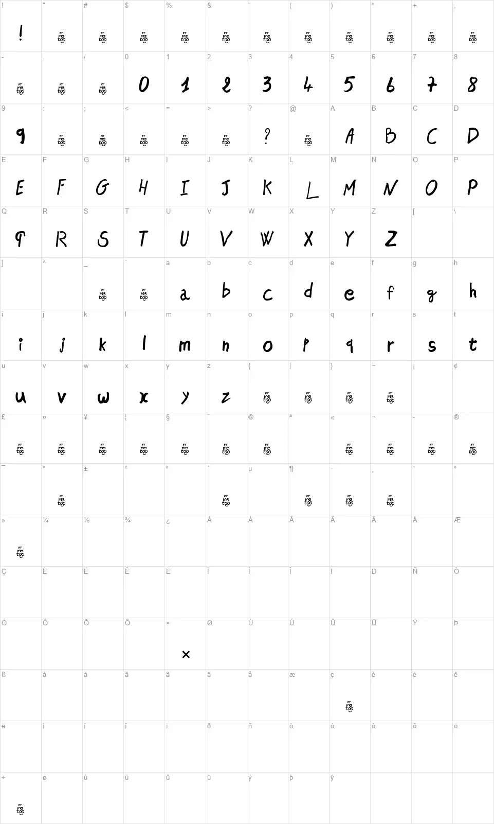 Mr Me Toofont character map